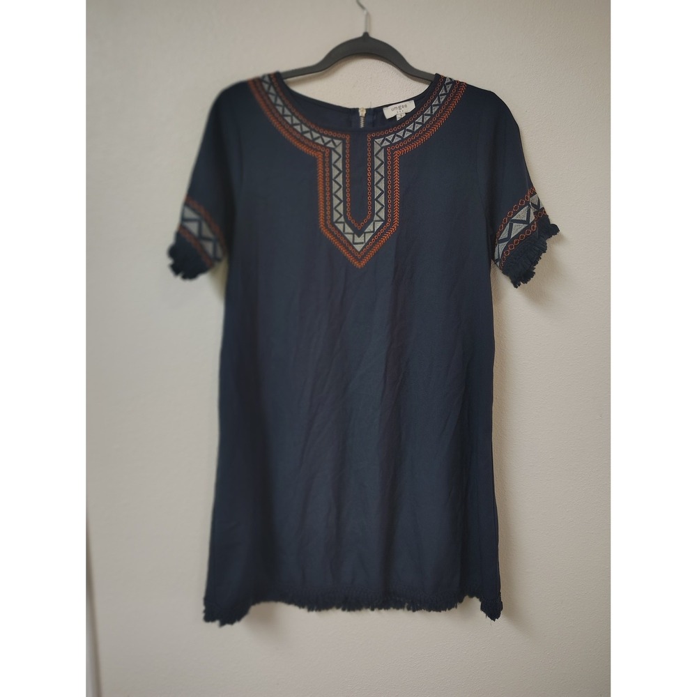 Umgee USA Navy Blue Embroidered Boho Fringe Shift‎ Dress Small Geometric Mini